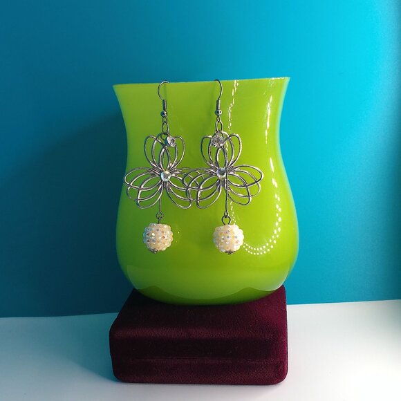 Silver floral with white shiny disco ball crystal dangle earrings - Picture 5 of 7